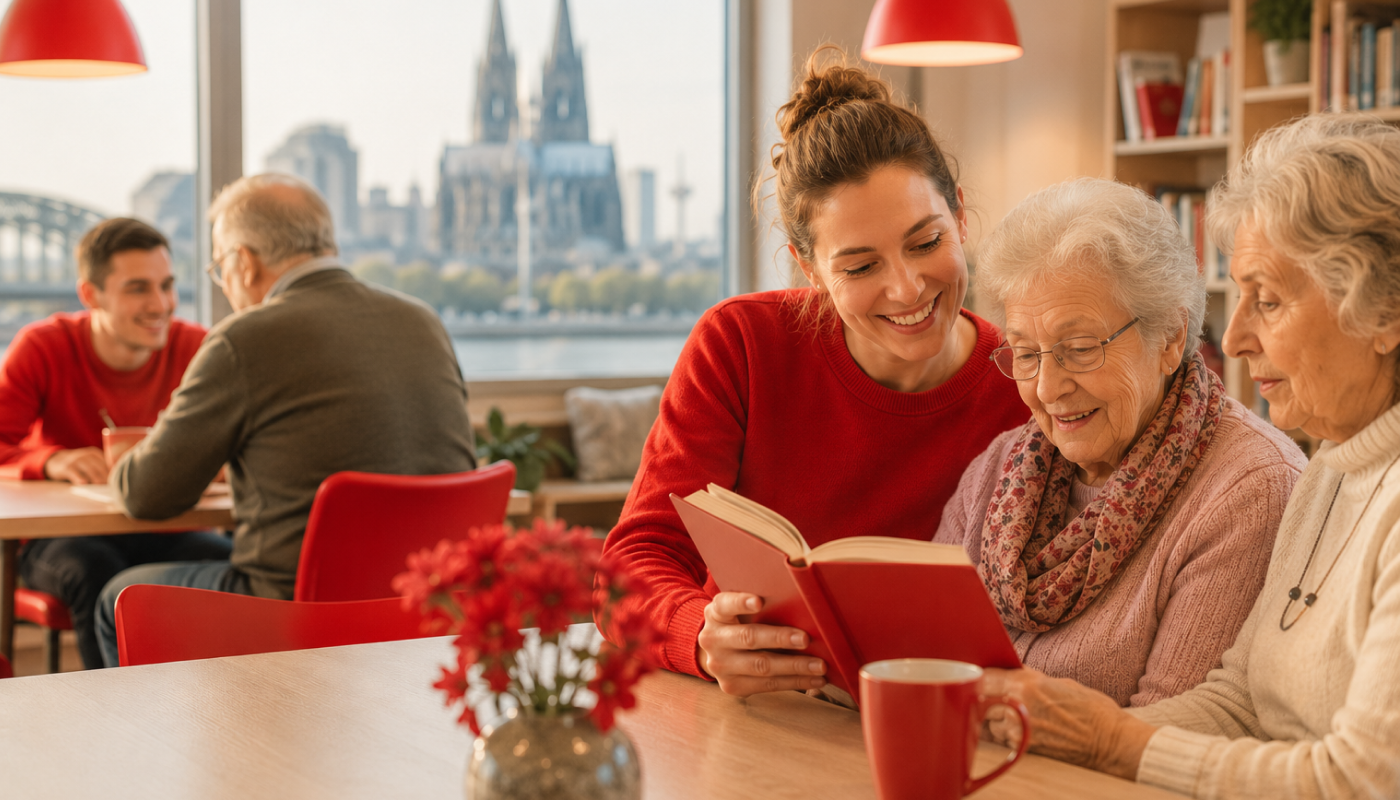 Junge Frau liest einer älteren Dame in einem Café mit Blick auf den Kölner Dom aus einem Buch vor